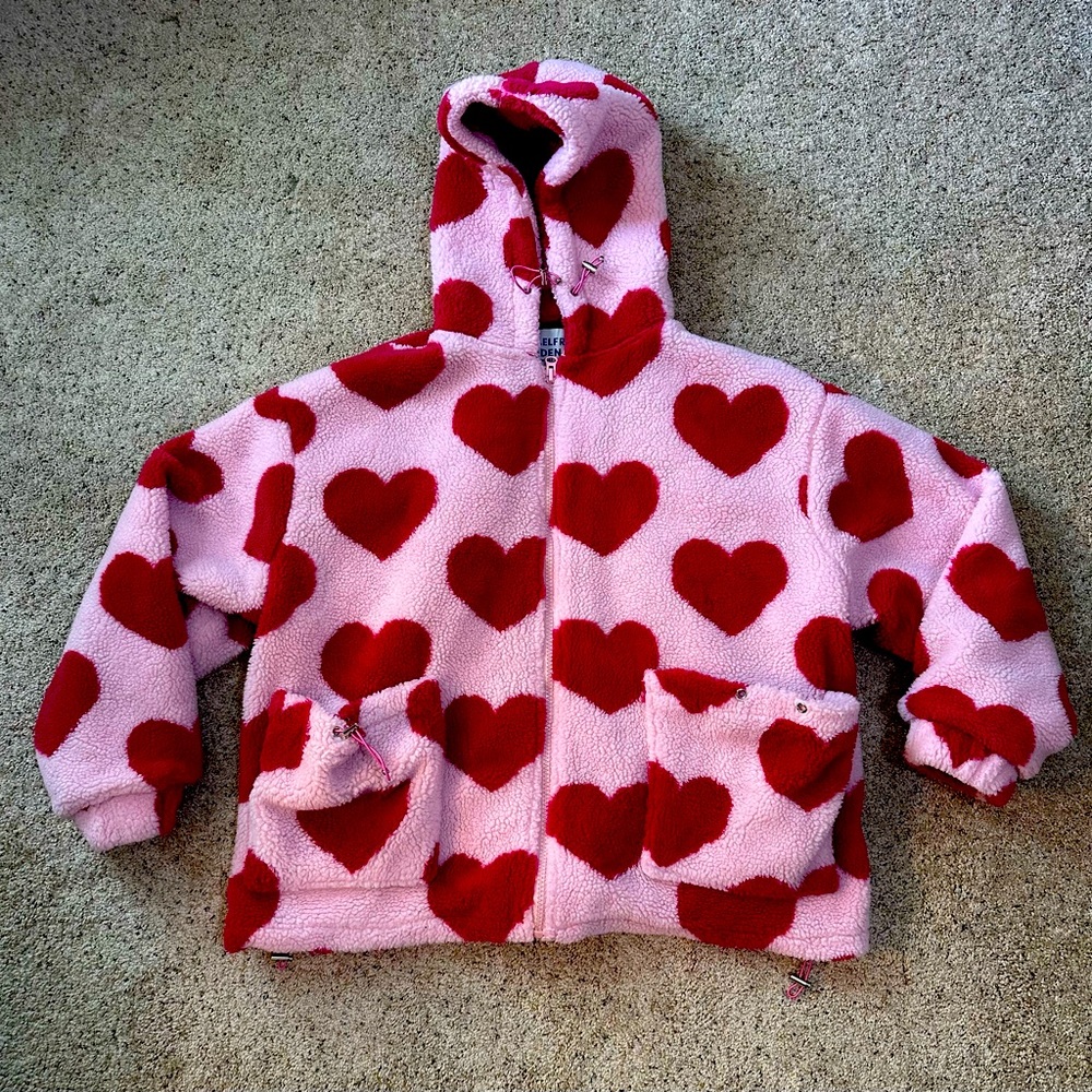 Aelfric Eden Pink and Red Heart Teddy Hoodie Jacket